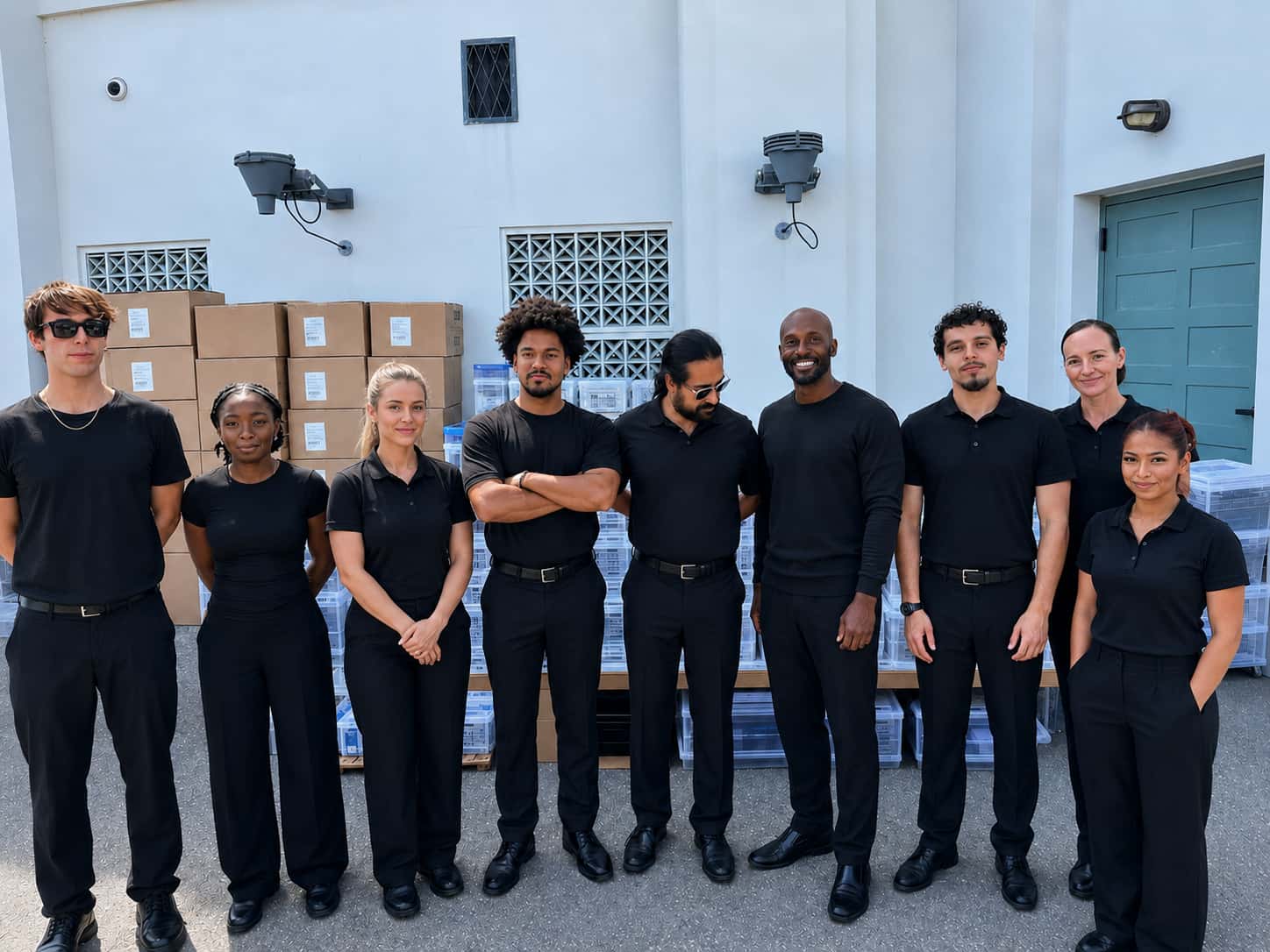 NYE Staffing production crew and event stagehands coordinating setup operations, material handling, and rooftop event logistics during a luxury brand event in Los Angeles