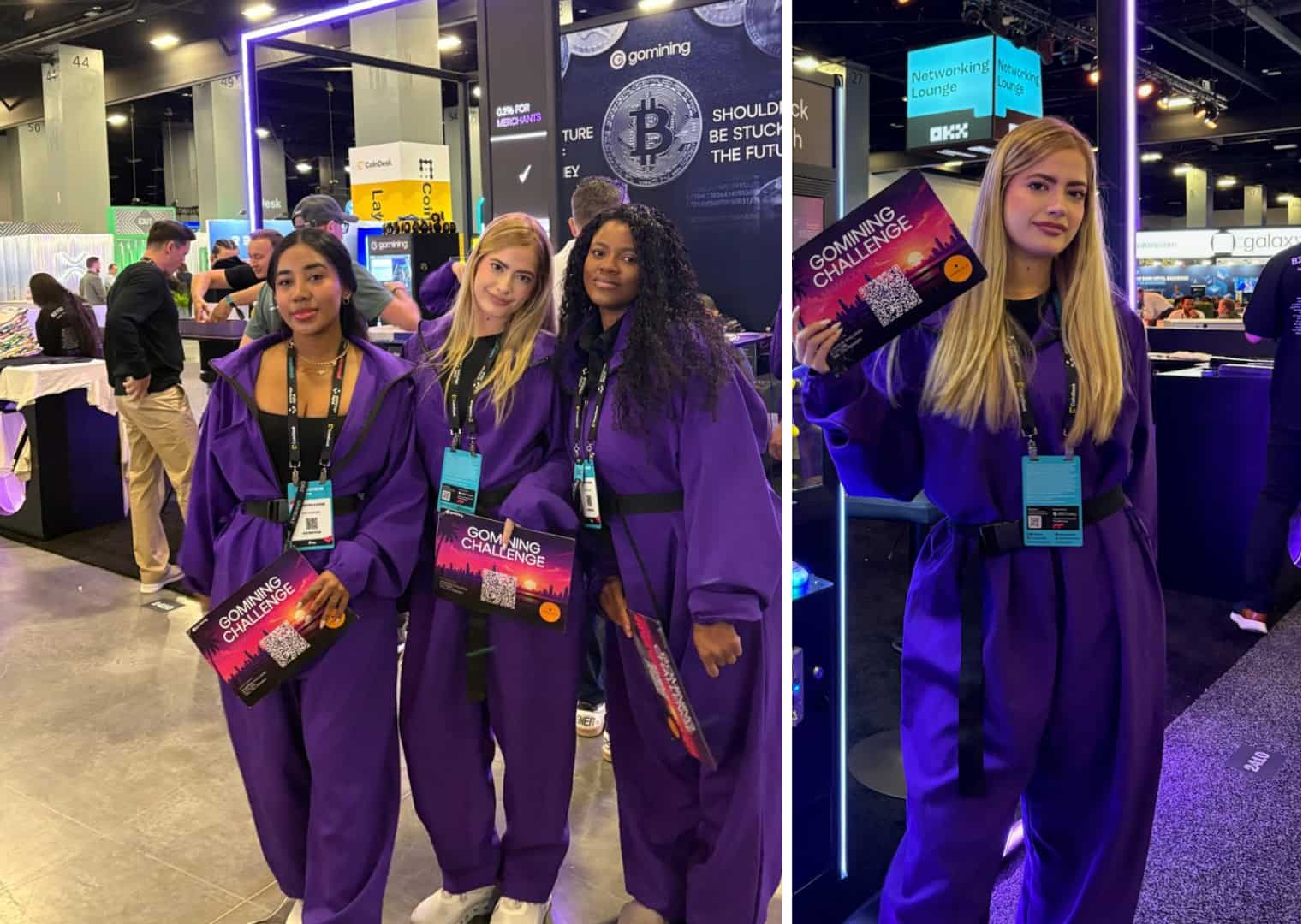 NYE Staffing brand ambassadors working the GoMining Conference Activation in Miami, supporting QR code onboarding, giveaway distribution, photo experience engagement, and high-traffic booth interaction during a three-day brand activation