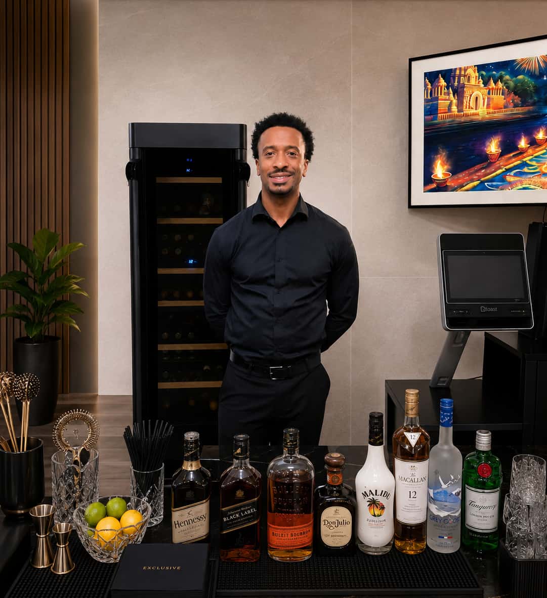 Bartender providing beverage service and maintaining outdoor Diwali celebration operations under heated event tent in Chicago Illinois