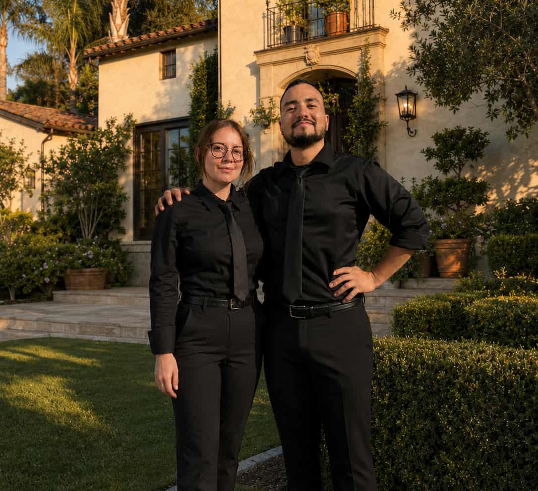 Wedding hospitality staff assisting guests with champagne service and plated dinner support during private backyard wedding ceremony in Altadena California
