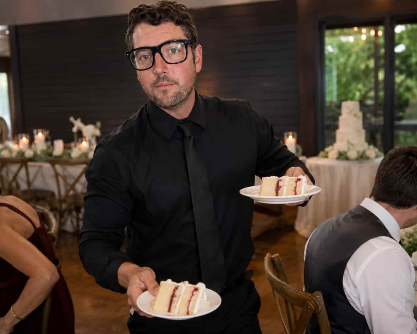 Wedding waitstaff providing guest service and dessert support during a private wedding reception in Alpine California