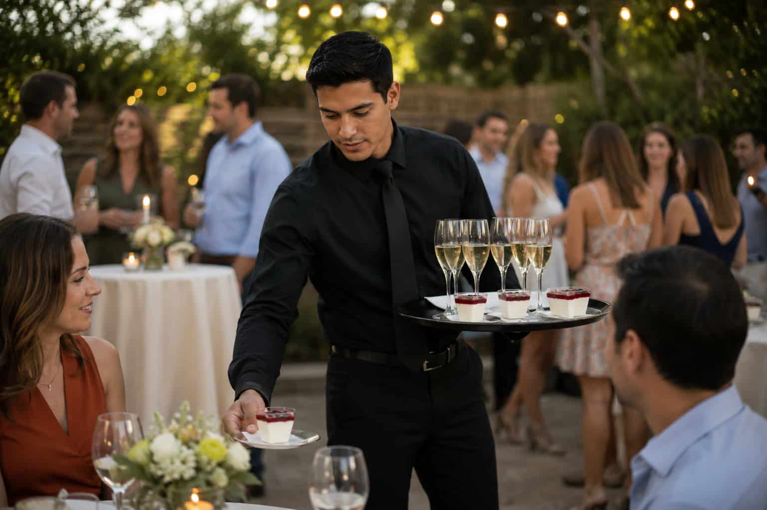 Elegant catering service setup with buffet presentation and hospitality staff for a New York City event